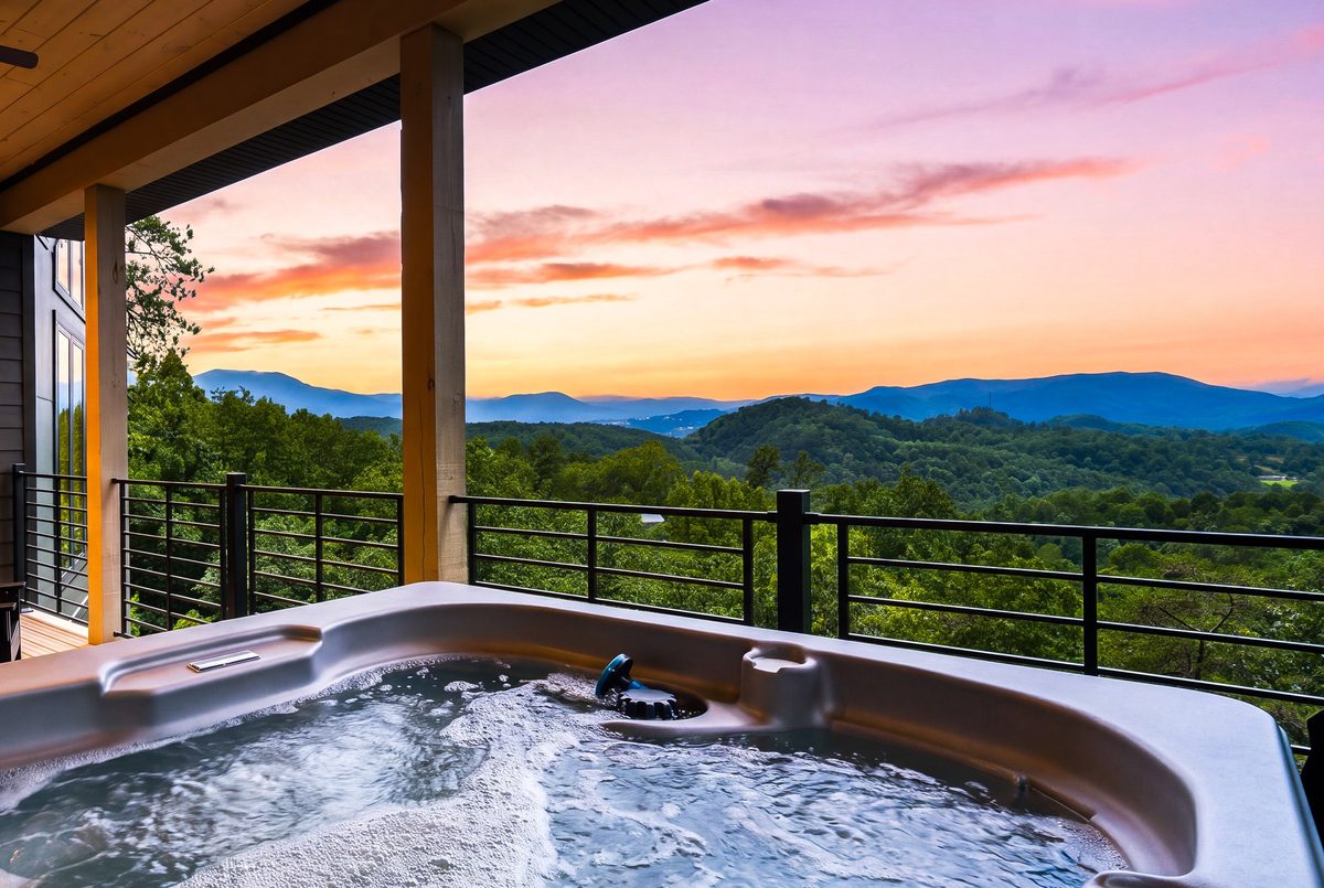 Hot tub deck at sunset with mountain views at 1813 Red Bone Way, Sevierville TN