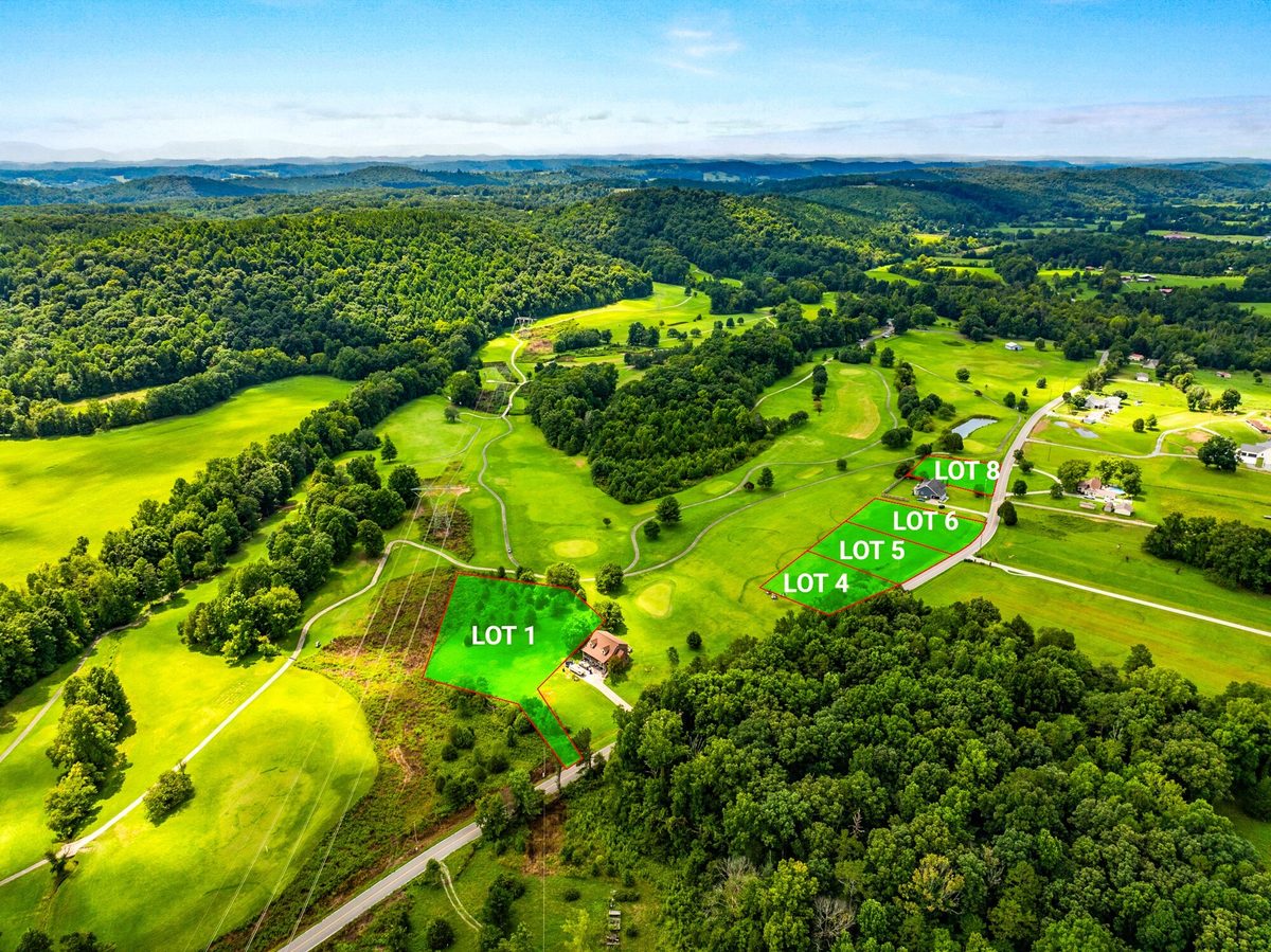 Aerial view of rolling green pasture with numbered lots marked, Athens TN