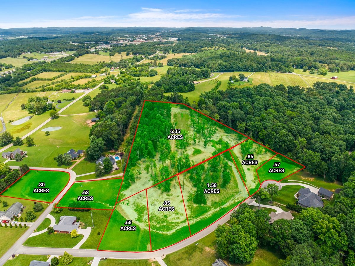 Aerial view of cleared and wooded acreage divided into outlined lots with acreage labels, Riceville TN
