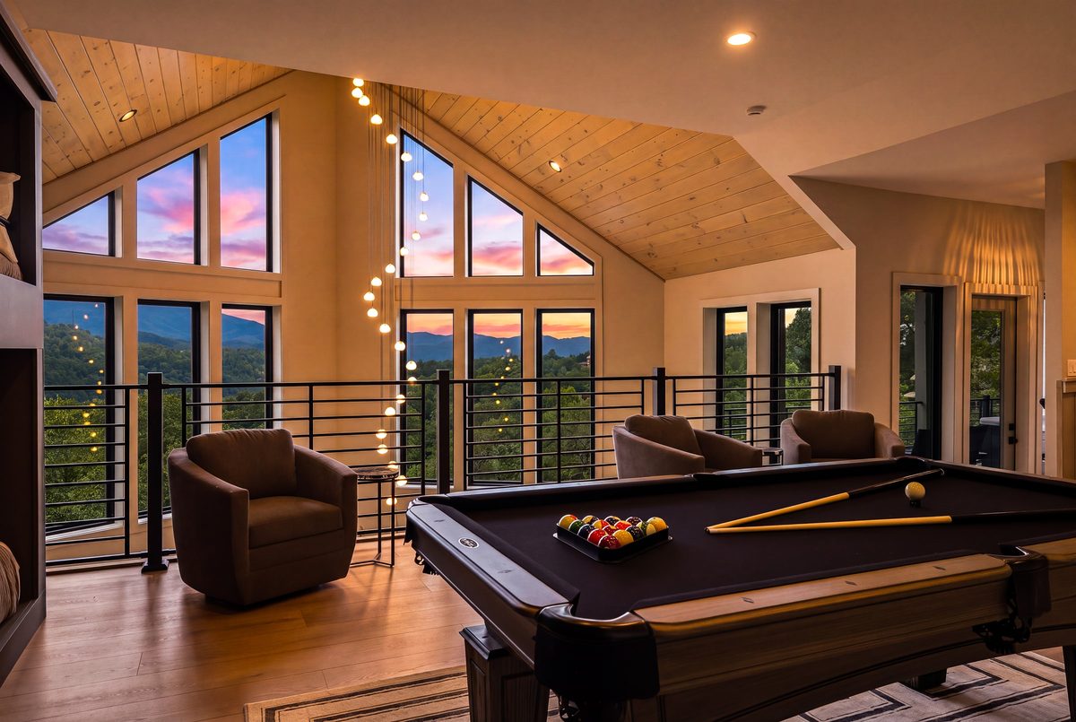 Game room with a pool table, leather armchairs and a vaulted window wall at sunset, Sevierville TN