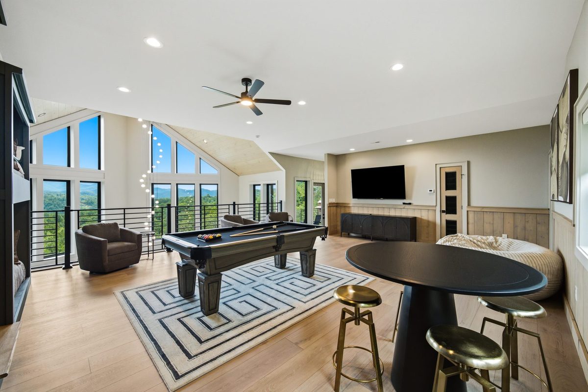 Game room with pool table and window wall at 1813 Red Bone Way, Sevierville TN